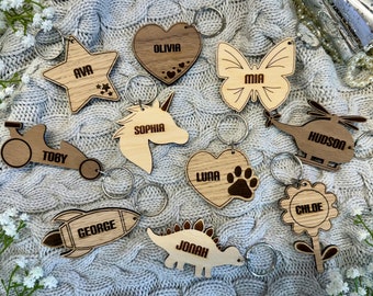 Cute Keyring, Magnet or Custom Pin Badge | Personalised Wood or Acrylic Kids Backpack Childrens School Bag Nursery Name Tag Label Girls Boys