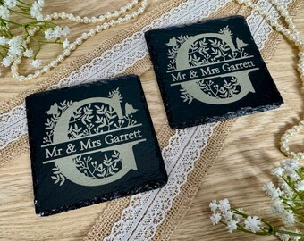 Mr & Mrs Matching Coaster Set Slate | Personalised Wedding Gift for Couple Newlywed 1st Wedding Anniversary Present Bride and Groom Name
