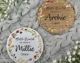 Personalised Baby Arrival Sign | New Baby Name Sign Hello World My Name Is Plaque Birth Gift for New Parents Baby Announcement Photo Prop