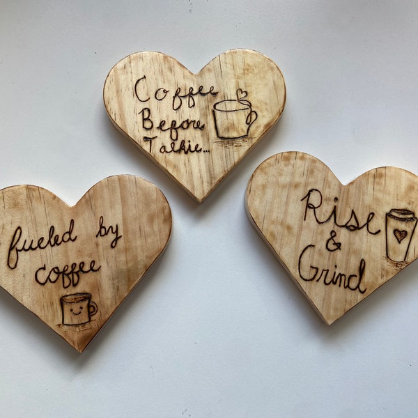 Set of Three Wood Burned Heart Coffee Coasters