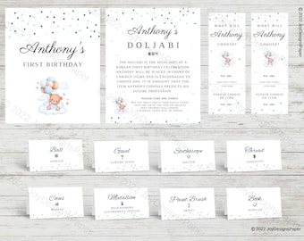 Teddy Bear Doljabi Korean Birthday Set: Welcome Sign, Doljanchi Sign, Place Card or 2x2 Sign, Doljabi Raffle Tickets (perforated)
