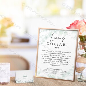 Watercolor Greenery Doljabi Korean Birthday Set: Welcome Sign, Doljanchi Sign, Place Card or 2x2 Sign, Doljabi Raffle Tickets (perforated)