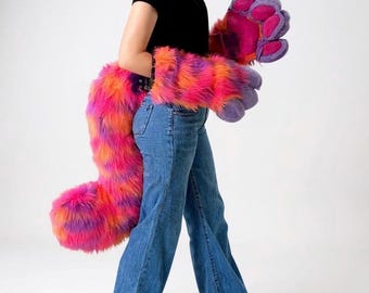 Tail and Paw Set-Handmade Plush Purple and Lavender Paw Gloves with Vibrant Orange, Pink, and Purple Design