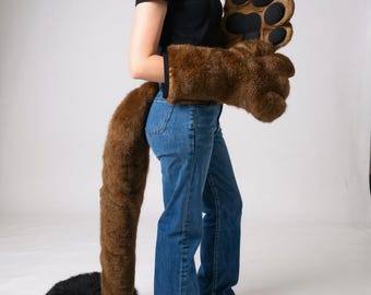 Super Cute Black and Brown Faux Fur Fursona Paw & Tail Set!