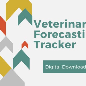 May include: A digital download for a veterinary forecasting tracker. The graphic features a pattern of colorful arrows in red, yellow, gray, and teal. The text "Veterinary Forecasting Tracker" is in teal and the text "Digital Download" is in teal on a white button.