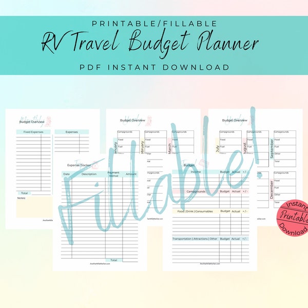 Fillable RV Travel Budget Planner, Travel Expense Planner, Travel Expense Tracker,