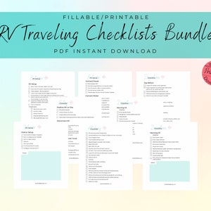 May include: A printable RV travel checklist bundle with six different checklists: RV Setup, Connect Power, Disconnect RV, Morning Of, Day Before, and Interior Setup. The checklists are in a light blue and white color scheme with floral accents. The text "Instant Printable Download" is in a pink box at the top of the image.