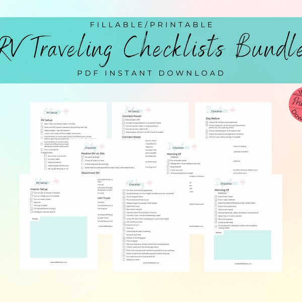 5th Wheel Traveling checklists, RV Traveling checklists, RV Departure checklists, RV Setup checklists, Traveling Checklists, 5th Wheel Lists