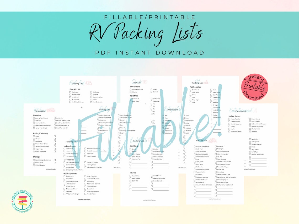 RV Packing Lists, Packing Checklists, Vacation Packing Lists, Printable ...
