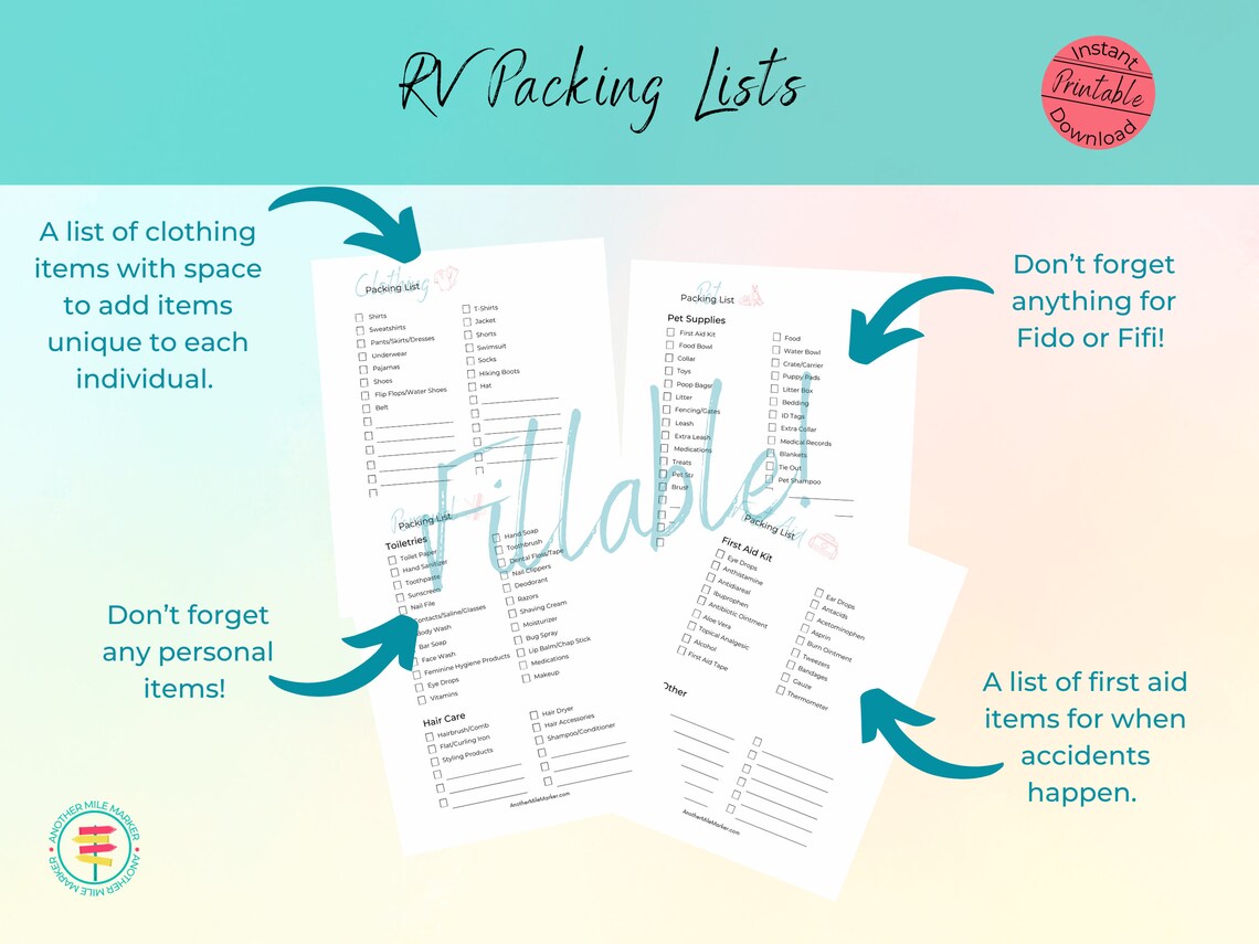 RV Packing Lists, Packing Checklists, Vacation Packing Lists, Printable ...