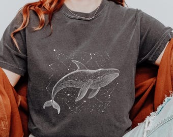 Celestial Whale Ocean Shirt Comfort Colors Oversized Vintage Style Tee, Constellation sea creature relaxed fit tee marine life gift for her