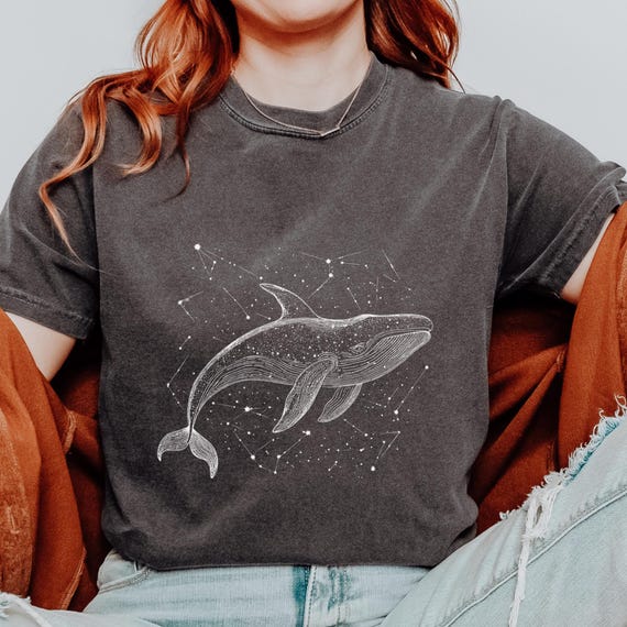 Celestial Whale Ocean Shirt Comfort Colors Oversized Vintage Style Tee, Constellation sea creature relaxed fit tee marine life gift for her