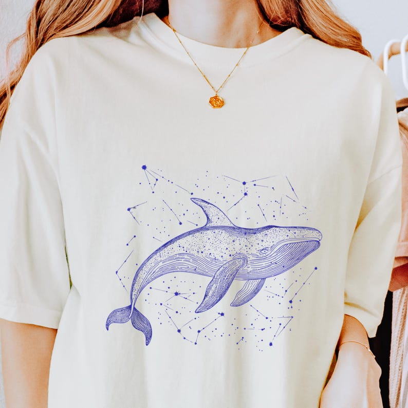 Celestial Whale Ocean Shirt Comfort Colors Oversized Vintage Style Tee, Constellation sea creature relaxed fit tee marine life gift for her image 6