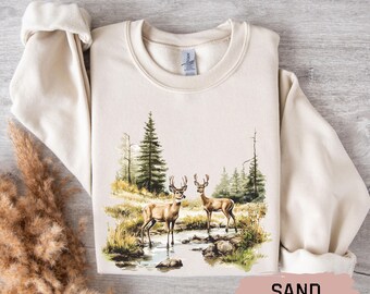 Vintage hertensweater, comfortabele trui aquarel wildernis scène, boho uniseks sweatshirts met ronde hals, retro jaren 90 bos buiten cadeau top