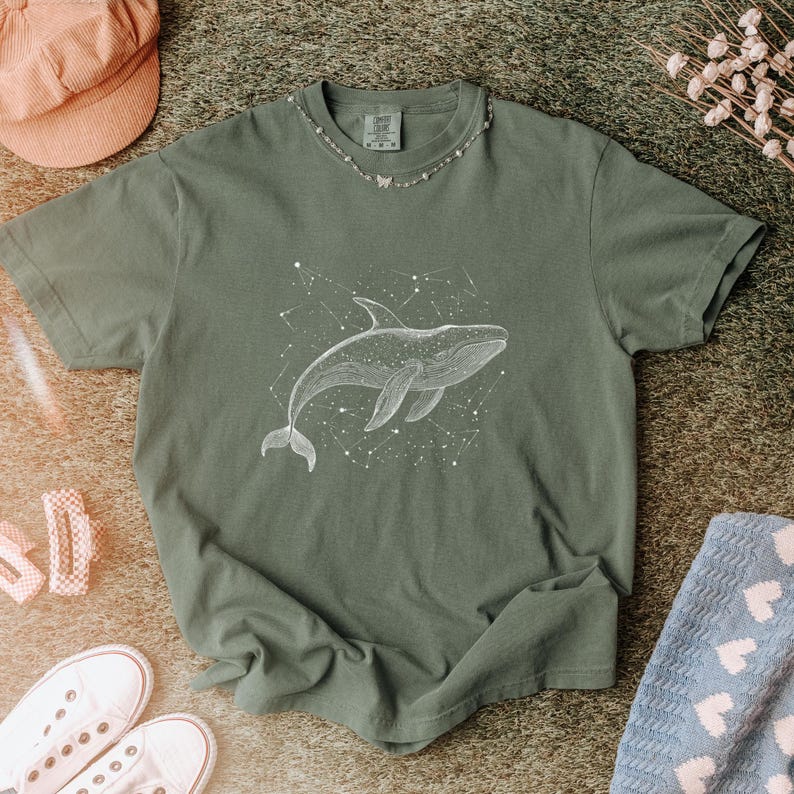 Celestial Whale Ocean Shirt Comfort Colors Oversized Vintage Style Tee, Constellation sea creature relaxed fit tee marine life gift for her image 4