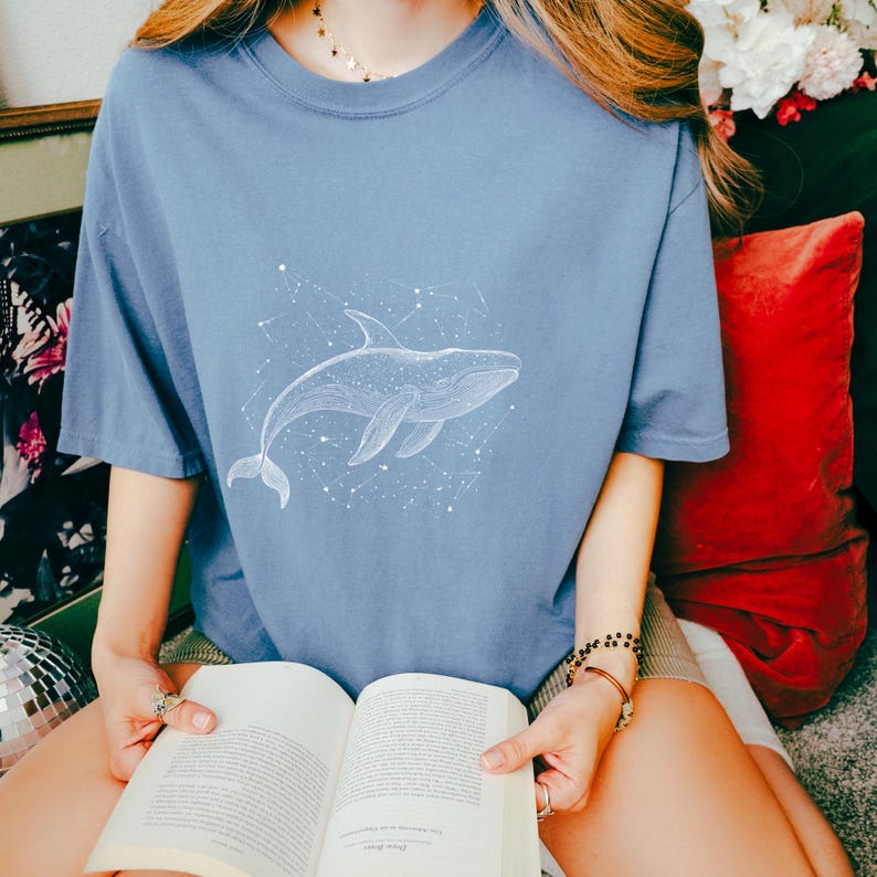 Celestial Whale Ocean Shirt Comfort Colors Oversized Vintage Style Tee, Constellation sea creature relaxed fit tee marine life gift for her image 3