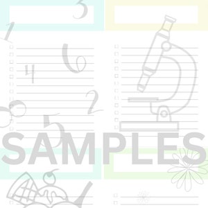 May include: A printable checklist with four sections. Each section has a number, a doodle, and lined space for writing. The doodles are a microscope, an ice cream sundae, a number 2, and a number 4. The text "SAMPLES" is at the bottom of the page.