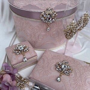 Elegante set rosa, collezione di nozze fatta a mano, scatola per biglietti di auguri, scatola per fedi nuziali, libro degli ospiti, set per il taglio della torta nuziale, flute champagne