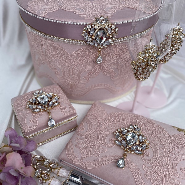 Ensemble rose élégant, collection mariage fait main, boîte pour cartes de vœux, boîte pour alliances, livre d'or, ensemble de coupe pour gâteau de mariage, flûtes à champagne