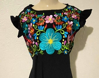 Black Floral Embroidered Dress. Multiple Designs. Large Size. Women's Mexican Traditional Dress.