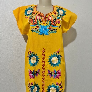 Yellow Floral Embroidered Dress. Women&#39;s Mexican Traditional Dress.