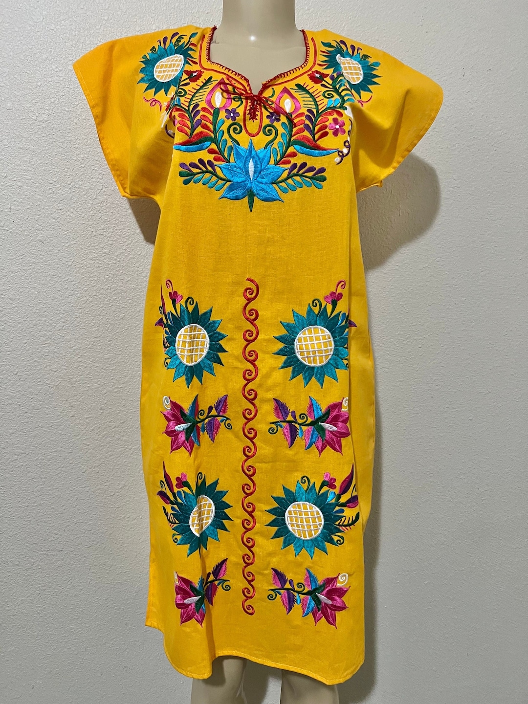 Yellow Floral Embroidered Dress. Women's Mexican Traditional Dress. Yellow Floral Embroidered Dress. Women's Mexican Traditional Dress.