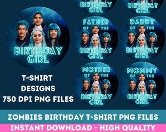 Könnte beinhalten: Eine Sammlung von "Zombies Birthday" T-Shirt-Designs. Die Designs zeigen eine Gruppe von Personen mit blauen Haaren und dem Text "Birthday Girl". Die Designs beinhalten "Sister", "Brother", "Father", "Daddy", "Mother" und "Mommy".