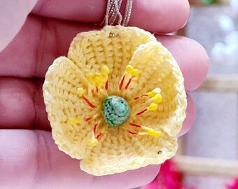 Crochet miniature flower pendant, lace crochet necklace, microcrochet flower, bridesmaid gift, Sterling silver 925