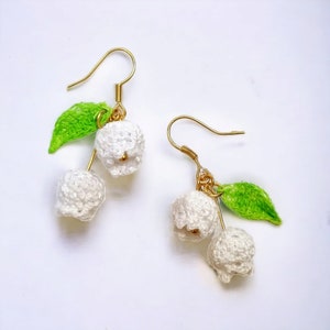 Lili of the valley earrings, lily of the valley earrings, floral dangle earrings, white flowers,gift, handmade jewelry, microcrochet flower