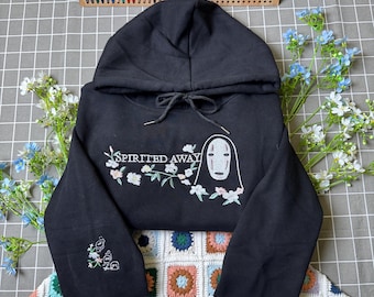 Spirited Away No Face Embroidered Hoodie Sweatshirt, Anime Fantasy Floral Stitch, Cozy Ghibli Aesthetic Unisex.
