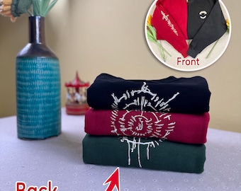 May include: A stack of three long-sleeve sweatshirts in black, red, and dark green, each featuring a white circular graphic on the back. An inset shows the front of a red sweatshirt with a sword design and a black sweatshirt with a tooth graphic.