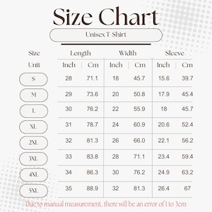 May include: A size chart for a unisex t-shirt, with measurements in inches and centimeters. The chart includes sizes S to 5XL, detailing length, width, and sleeve measurements. The text at the bottom states that there may be a 1 to 3cm error.