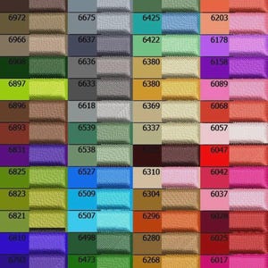 May include: A color chart featuring a grid of rectangular fabric swatches in various shades, including red, orange, yellow, green, blue, purple, brown, gray, and black. Each swatch is labeled with a unique four-digit numerical code in black text.