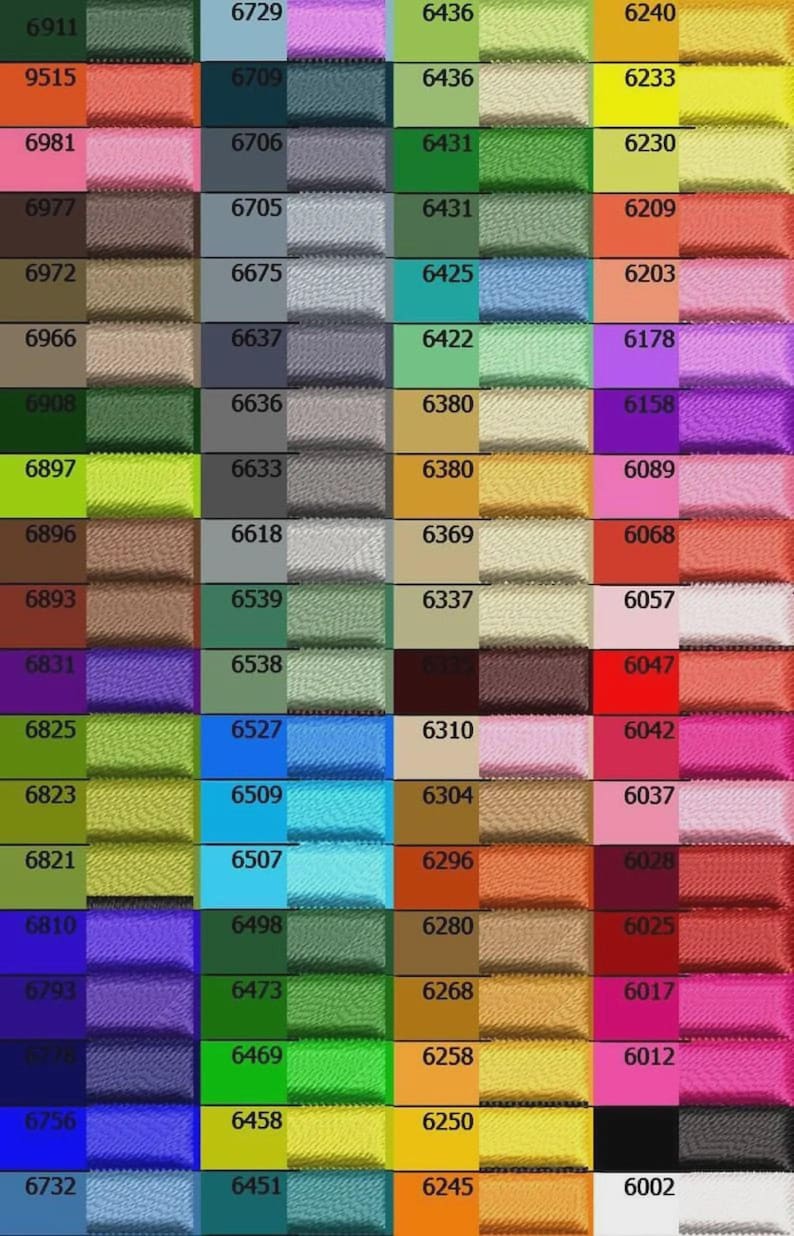 May include: A color chart featuring a grid of rectangular fabric swatches in various shades, including red, orange, yellow, green, blue, purple, brown, gray, and black. Each swatch is labeled with a unique four-digit numerical code in black text.