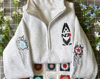 Mass Effect N7 Embroidered Quarterzip & Hoodie | Paragon Renegade Sweatshirt | Gamer Apparel | Video Game Gift.
