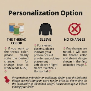 May include: Image detailing personalization options for embroidery. Includes illustrations of thread spools, a black sweatshirt, and a red 'no' symbol. Text explains thread color choices, sleeve design preferences, and additional design fees. The text also includes the phrase "Personalization Option".