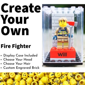 Personalisierte gravierte LEGO® Brick & Minifigur Feuerwehrmann FireFighter Notfall, Made with 100% Brand New LEGO® mit Vitrine.