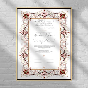 Luxury Nikkah Certificate | Embroidered Custom Nikkah Nama | A4 A3 | Premium Islamic Wedding Contract Gift | Gold leaf Hand Painted | Red