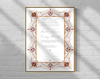 Luxury Nikkah Certificate | Embroidered Custom Nikkah Nama | A4 A3 | Premium Islamic Wedding Contract Gift | Gold leaf Hand Painted | Red