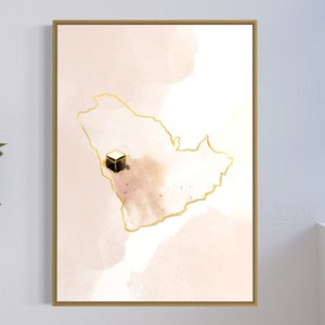 Kaaba no mapa l impressão islâmico da arte | Arte em aquarela | Sala de estar Quarto | Arte de parede | Arte muçulmana na parede | Presente de decoração para casa | Cartaz Religioso