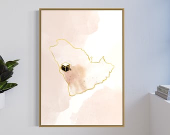 Kaba på kartan l Islamisk konsttryck | Akvarellkonst | Vardagsrum Sovrum | Väggkonst | Muslimsk väggkonst | Heminredning Gåva | Religiös poster
