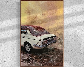 Rust & Velvet Original Painting | Fine Art | Acrylic Art | Persian Rug | Classic car | Cultural painting print