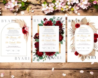Muslim Wedding Invitations | Luxury A5 Custom Arabic Invitation |Arabic English Wedding | Nikkah Baraat Walima | Invite Gift | Red Gold