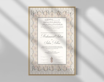 Premium Nikkah Certificate | Embroidered Custom Nikkah Nama | A4 A3 | Luxury Islamic Wedding Contract Gift | Gold leaf Hand Painted Silver
