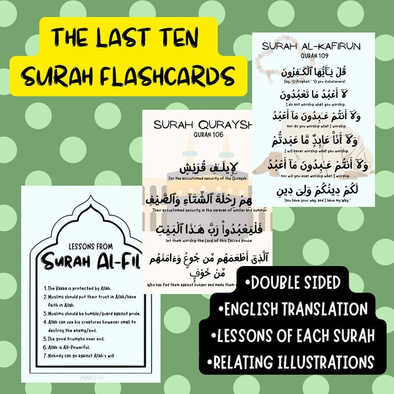 Surah Flashcards the Last 10 Quran for Kids english Translation and