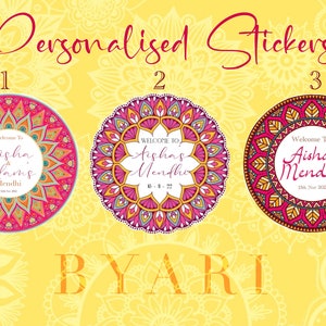 Mendhi Sangeet Dholki Adesivi personalizzati / Matrimonio / Compleanno / Etichette personalizzabili / Etichette adesive Circle Seals