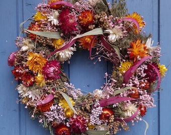 Fantásticamente hermosa corona de flores secas - corona de primavera - decoración de mesa - decoración de pared - corona de flores de colores - colorido - corona de puerta primavera verano
