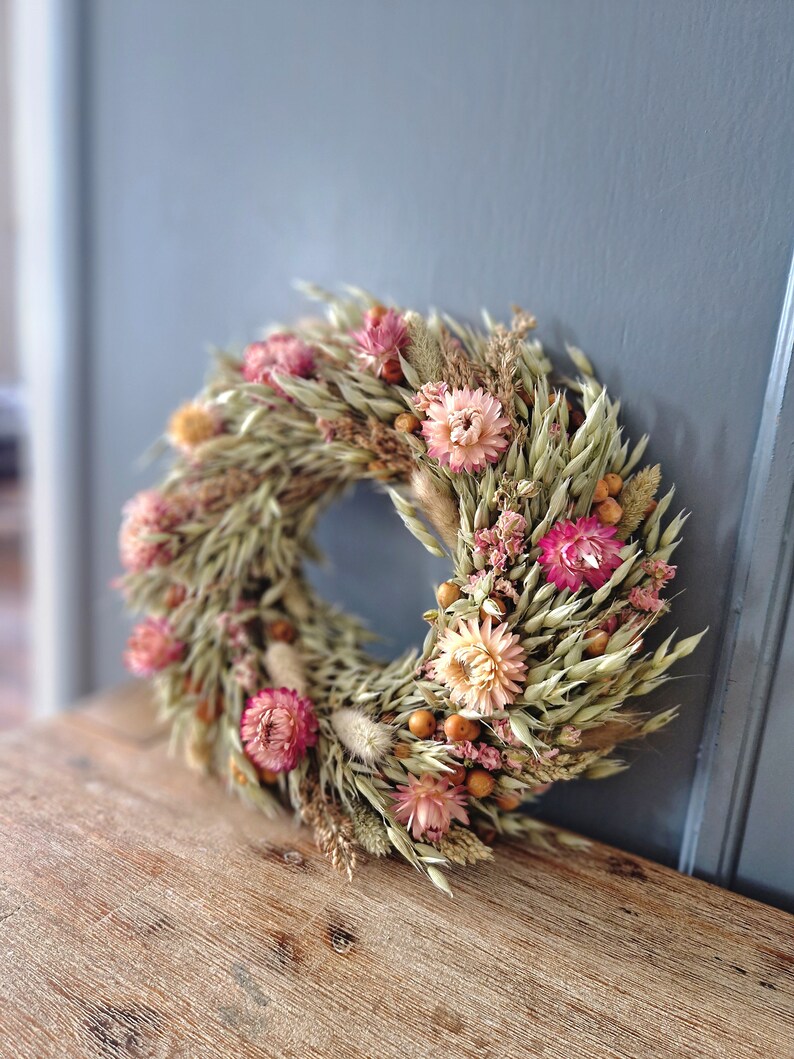 Fantásticamente hermosa corona de flores secas corona de otoño decoración de la mesa decoración de la pared corona de flores de colores colorido corona de la puerta grano de avena de verano imagen 3