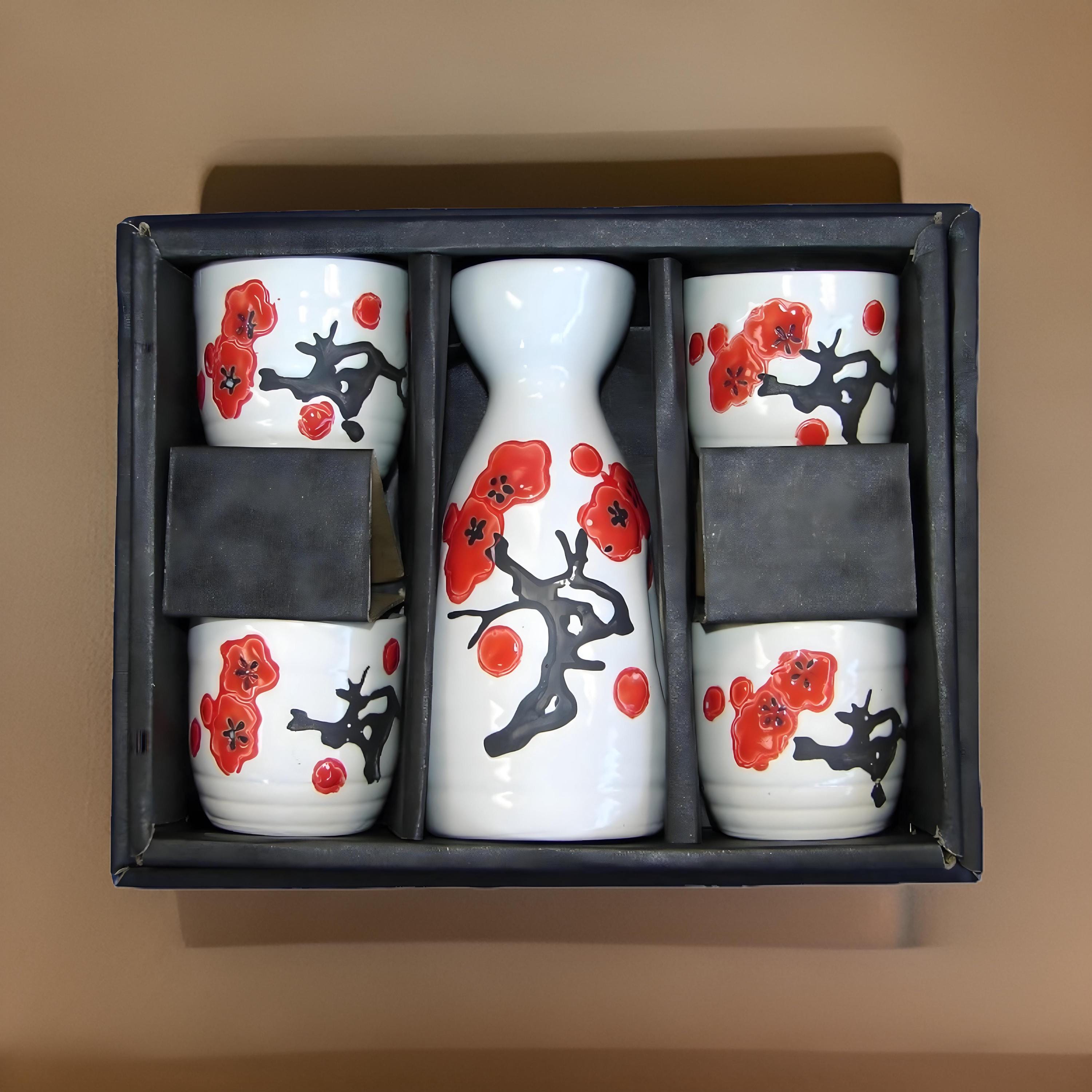 日本酒セット 5点 酒器セット 手描きデザイン 磁器 陶器 伝統陶器