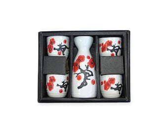 Cherry Blossoms Sake Set - One Flask and Four Cups - Tokkuri and Ochoko - Chinese, Japanese, Oriental Gift Set [Free USA Shipping]